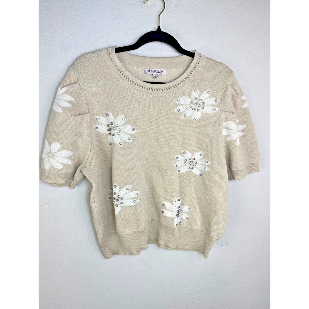 Nanette‎ Lepore Womens Flower Sweater Natural Crystal Stud Embellished XL